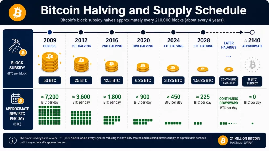 Bitcoin halving timeline showing the block subsidy falling from 50 BTC in 2009 to 3.125 BTC in 2024 and eventually zero
