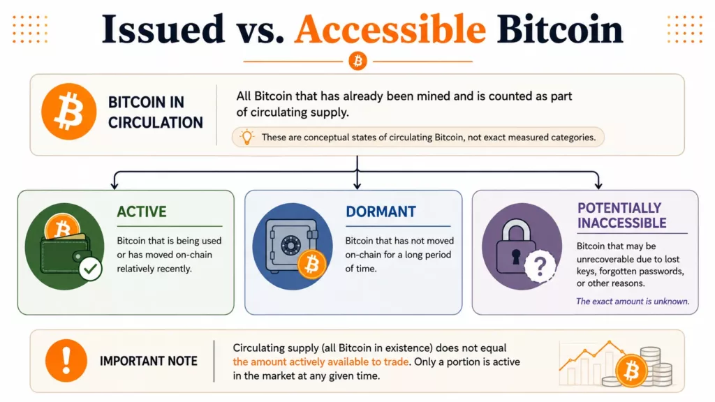 Diagram explaining the difference between circulating, active, dormant and potentially inaccessible Bitcoin
