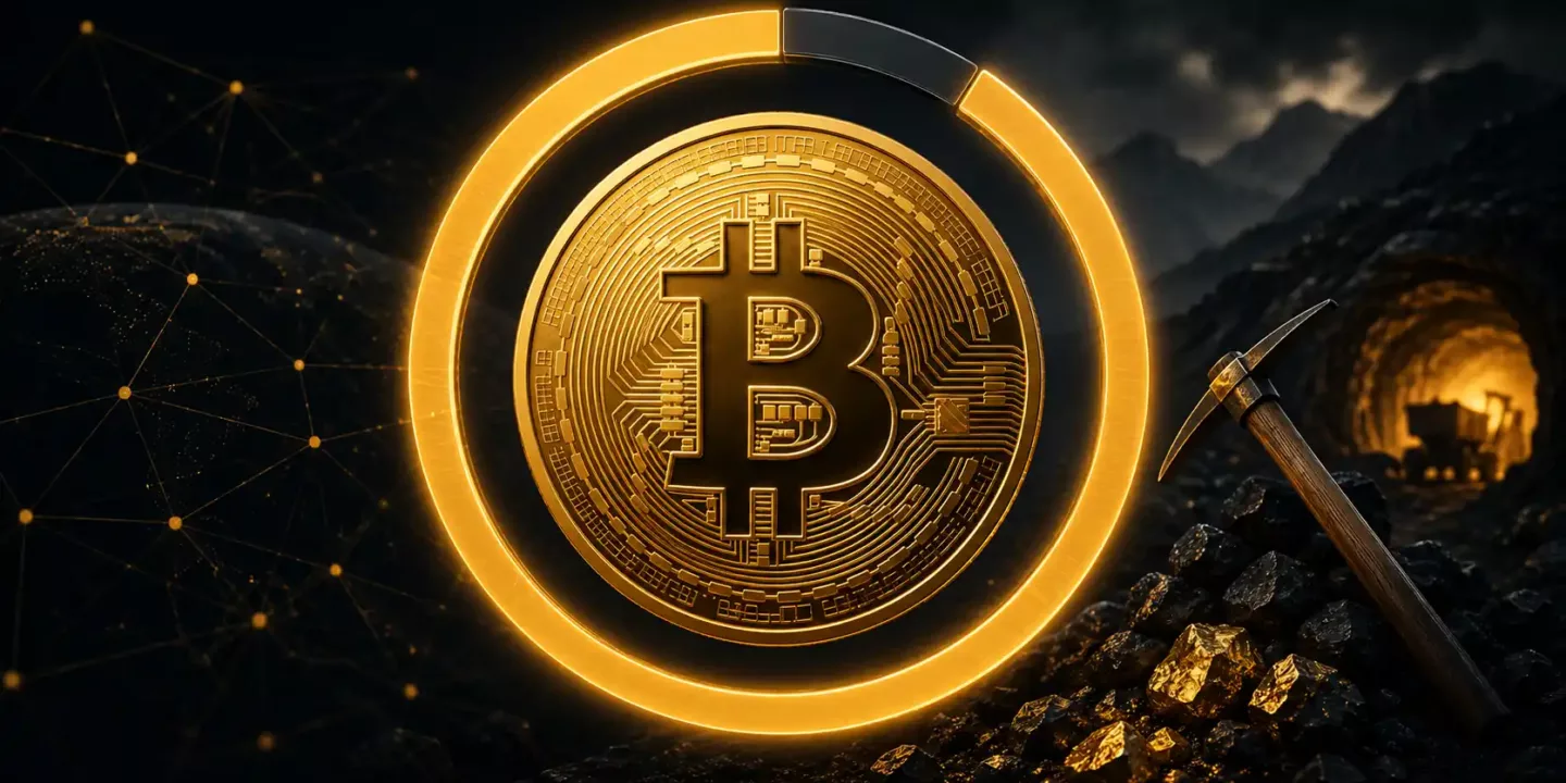 Bitcoin maximum supply represented by a Bitcoin coin, mining elements and a nearly complete supply ring