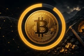 Bitcoin maximum supply represented by a Bitcoin coin, mining elements and a nearly complete supply ring