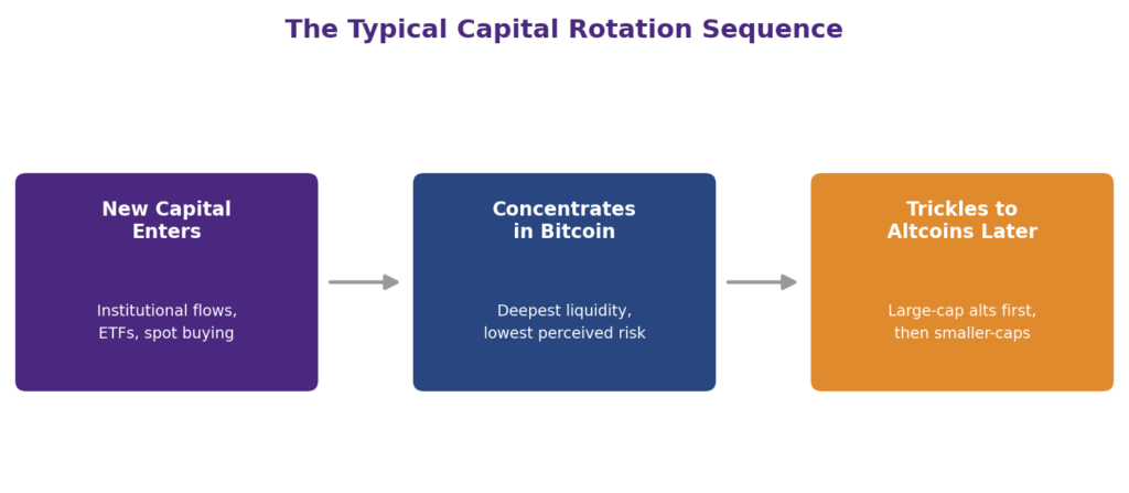 Why does Bitcoin dominance increase: three-step capital rotation diagram showing new institutional capital and ETF inflows entering the crypto market, concentrating first in Bitcoin due to its deepest liquidity and lowest perceived risk, then trickling to large-cap altcoins later, illustrating Bitcoin dominance cycle mechanics