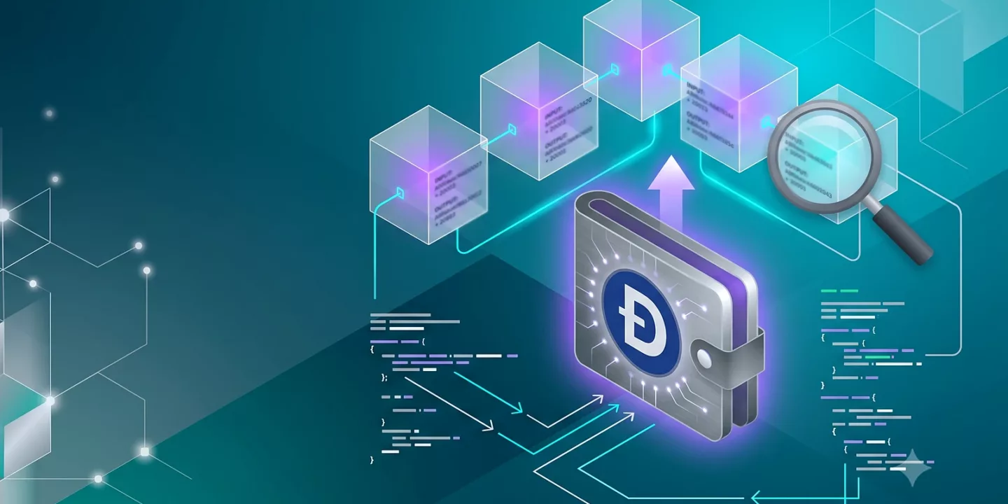 Dogecoin coin connected to a public blockchain network with privacy icons