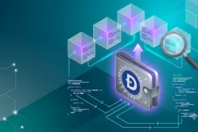 Dogecoin coin connected to a public blockchain network with privacy icons