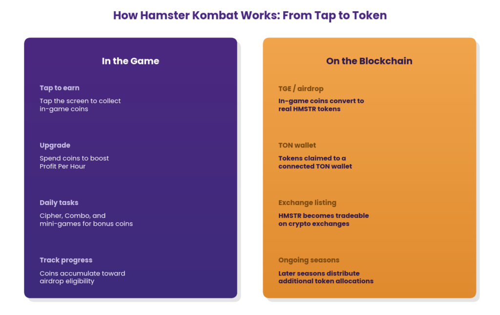 How does Hamster Kombat work diagram showing two categories, in-game mechanics covering tapping to earn coins, upgrading for Profit Per Hour, daily tasks like Cipher and Combo puzzles, and tracking progress toward airdrop eligibility, alongside blockchain mechanics covering the token generation event converting in-game coins to real HMSTR tokens, claiming tokens to a connected TON wallet, exchange listing making HMSTR tradable, and later seasons distributing additional token allocations
