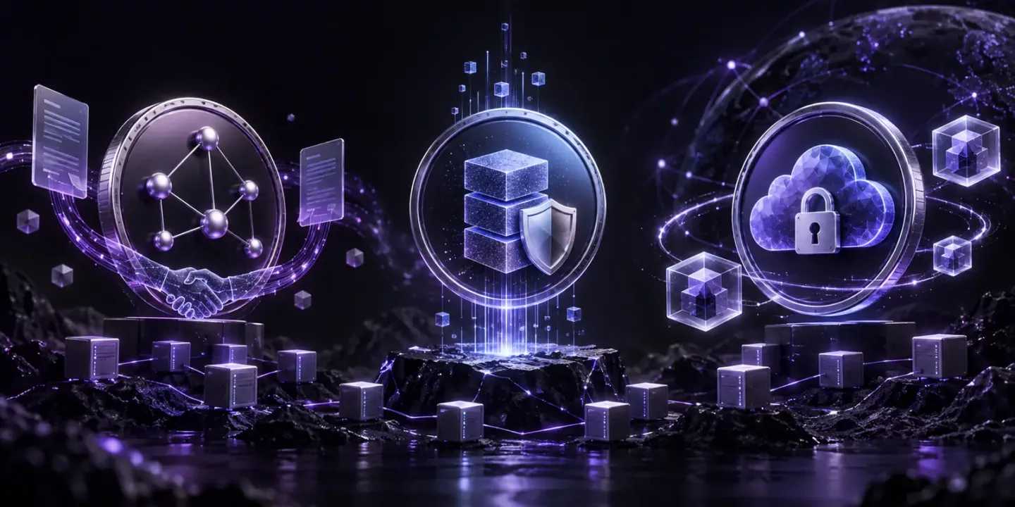 Siacoin vs Filecoin vs Storj decentralised storage networks represented by three connected storage systems