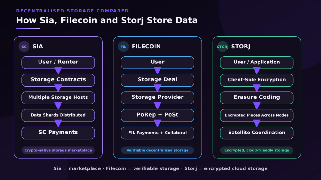 Diagram comparing how Sia, Filecoin and Storj store and distribute data