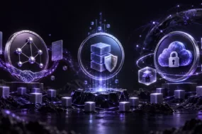 Siacoin vs Filecoin vs Storj decentralised storage networks represented by three connected storage systems