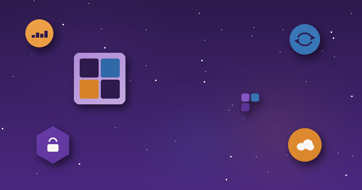 How to buy Microsoft stock in India and MSFT share price illustrated: abstract violet, orange, and blue graphic featuring gradient-filled icons including a window-style software grid, a rising stock price chart, a currency exchange symbol representing INR to USD conversion, a security lock representing custody, and a cloud shape, each with soft drop shadows, set against a dark violet gradient background with subtle star-like texture