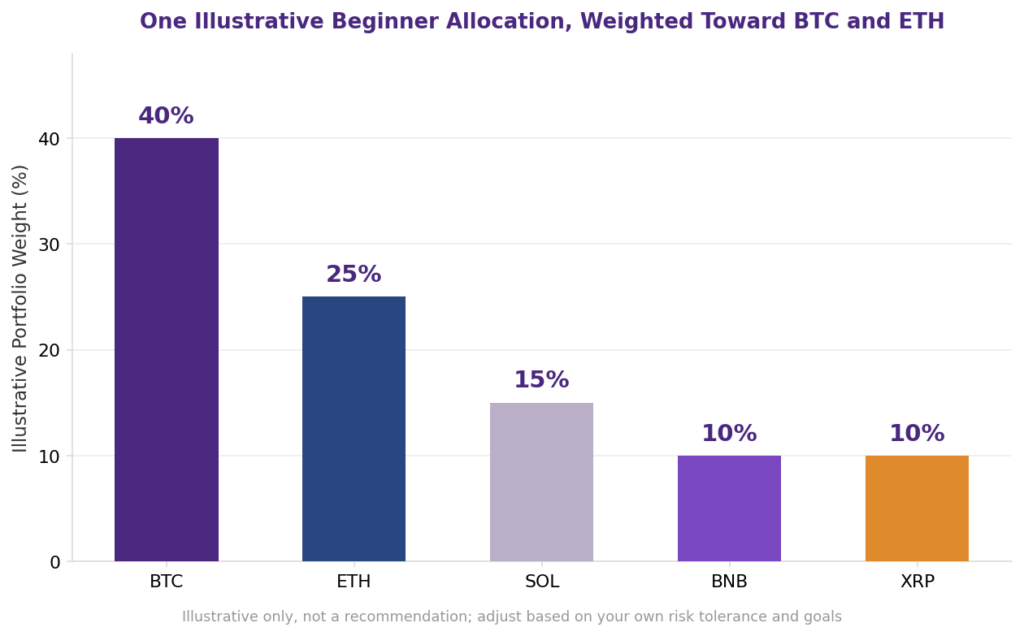 Best crypto portfolio allocation for beginners bar chart: one illustrative beginner portfolio weighting toward BTC at 40 percent and ETH at 25 percent, with SOL at 15 percent, BNB at 10 percent, and XRP at 10 percent, illustrating dollar-cost averaging and asset allocation strategy
