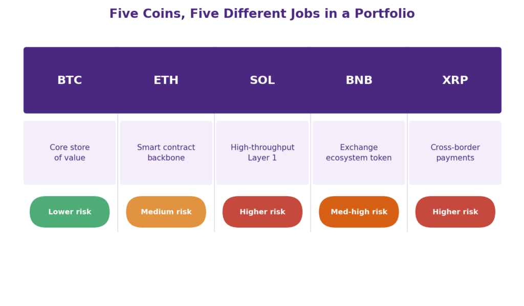 Which cryptocurrency is best to buy in September 2026 comparison table: five-column dashboard showing BTC as a core store of value with lower risk, ETH as the smart contract backbone with medium risk, SOL as a high-throughput Layer 1 with higher risk, BNB as an exchange ecosystem token with medium-high risk, and XRP as a cross-border payments network with higher risk
