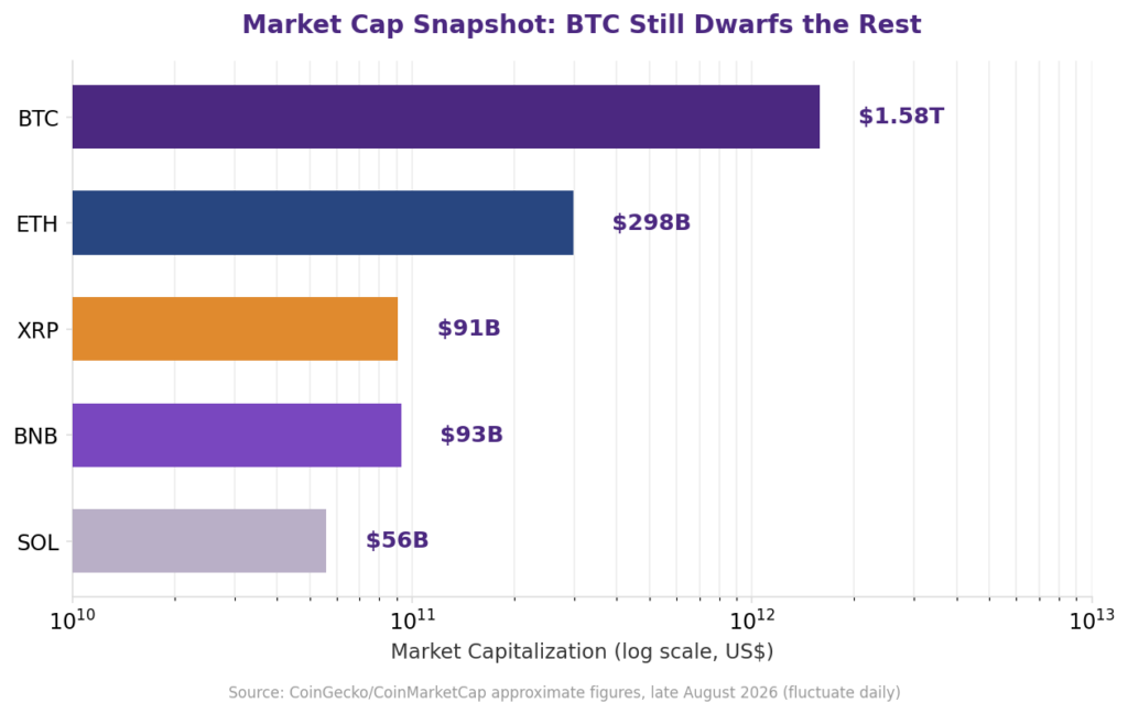 Top cryptocurrencies September 2026 and best performing cryptocurrencies compared: logarithmic bar chart showing market capitalization snapshot with BTC at 1.58 trillion dollars, ETH at 298 billion dollars, BNB at 93 billion dollars, XRP at 91 billion dollars, and SOL at 56 billion dollars, illustrating cryptocurrency investment 2026 scale
