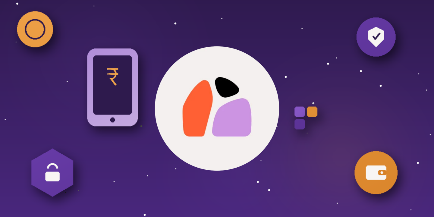 How to buy Block Street BSB in India with INR illustrated: abstract violet and orange graphic featuring gradient-filled icons including a phone screen displaying a rupee symbol representing INR deposits, a coin, a security shield with a checkmark, a padlock representing custody, and a crypto wallet, each with soft drop shadows, set against a dark violet gradient background with subtle star-like texture