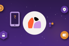 How to buy Block Street BSB in India with INR illustrated: abstract violet and orange graphic featuring gradient-filled icons including a phone screen displaying a rupee symbol representing INR deposits, a coin, a security shield with a checkmark, a padlock representing custody, and a crypto wallet, each with soft drop shadows, set against a dark violet gradient background with subtle star-like texture