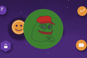 How to buy Pepe in India with INR illustrated: abstract violet and orange feature image showing a large smiling coin as a generic meme-coin symbol, surrounded by gradient icons for a rupee coin, a rising PEPE price chart, a security shield with a checkmark, a padlock for safe storage and a crypto wallet, representing buying PEPE through UPI or NEFT on a KYC-compliant Indian crypto exchange, each icon with a soft drop shadow on a dark violet gradient background