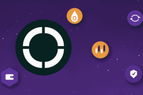 How to buy defi.app (HOME) in India with INR illustrated: abstract violet and orange feature image showing a house as a generic symbol for the HOME ticker, surrounded by gradient icons for a rupee coin, a drop marked zero for gas-free transactions, circular swap arrows for cross-chain swaps, candlesticks for perpetual trading, a wallet for self-custody and a security shield with a checkmark, representing buying HOME through UPI or NEFT on a KYC-compliant Indian crypto exchange, each icon with a soft drop shadow on a dark violet gradient background