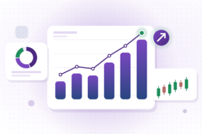 Featured image for best growth stocks in India showing a rising violet bar chart with an upward growth line, a portfolio donut chart, and green candlesticks on a light background.