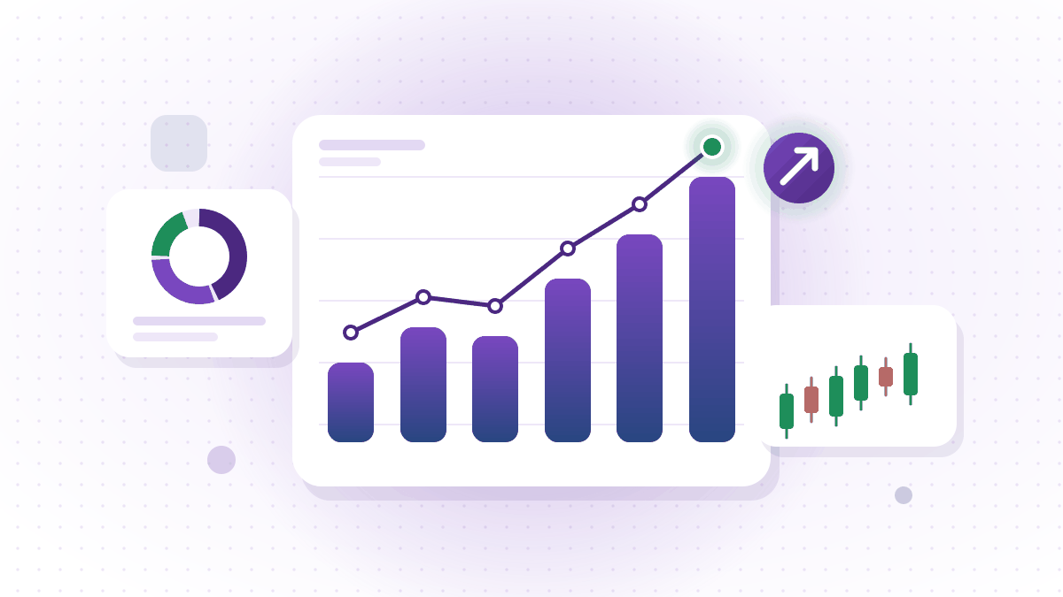 Featured image for best growth stocks in India showing a rising violet bar chart with an upward growth line, a portfolio donut chart, and green candlesticks on a light background.