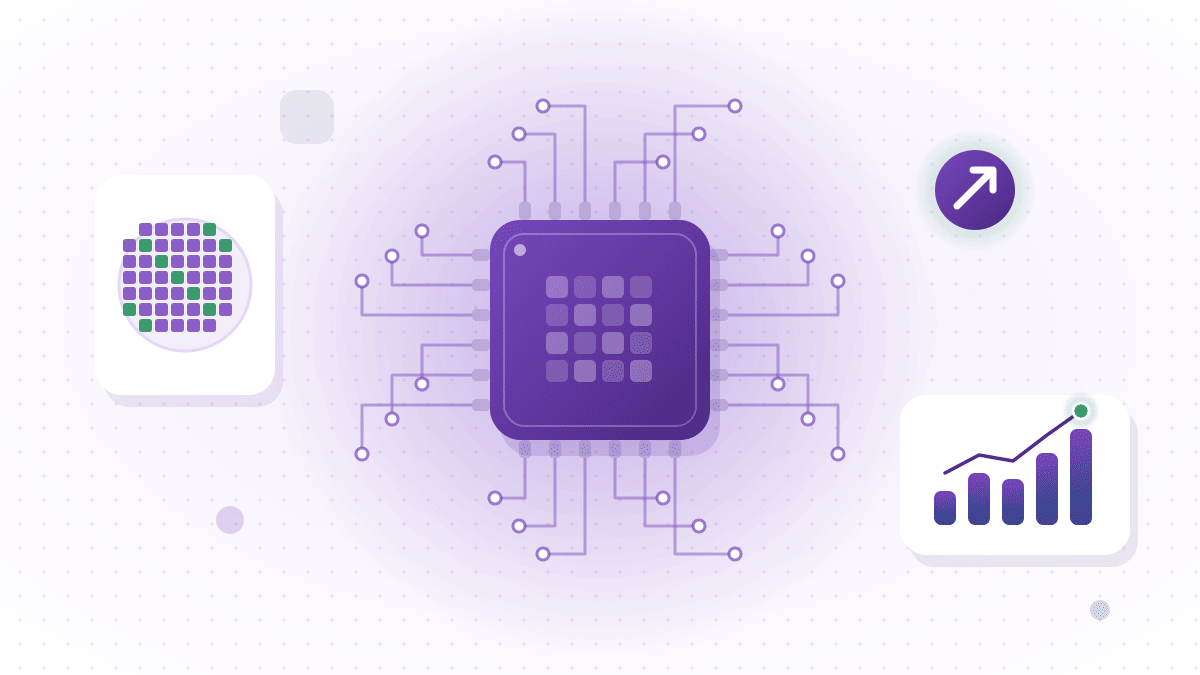 Featured image for best semiconductor stocks in India showing a violet microchip with circuit traces, a silicon wafer, and a rising bar chart on a light background.