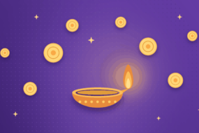 Best crypto investments before Diwali 2026 feature illustration showing a glowing diya, a traditional Indian Diwali oil lamp, on a violet background. Gold crypto coins and sparkles float around it, representing cryptocurrency investing for Indian investors during the festive season and long-term crypto portfolio planning.