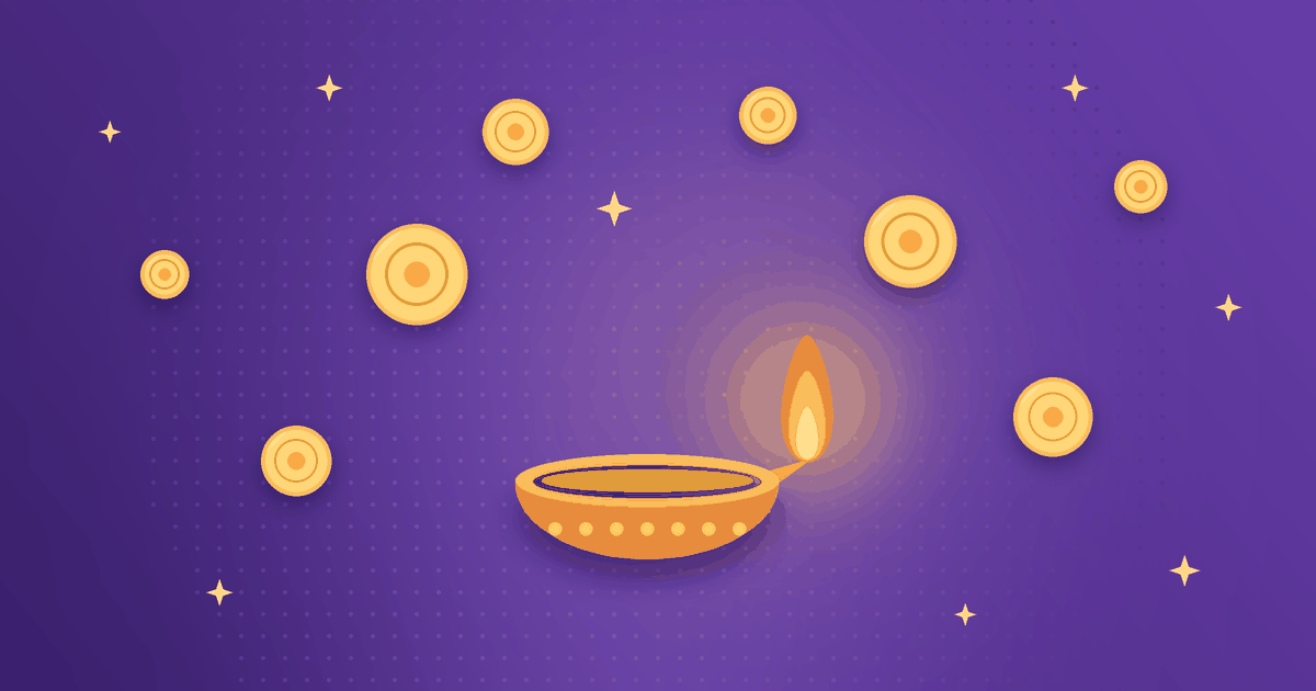 Best crypto investments before Diwali 2026 feature illustration showing a glowing diya, a traditional Indian Diwali oil lamp, on a violet background. Gold crypto coins and sparkles float around it, representing cryptocurrency investing for Indian investors during the festive season and long-term crypto portfolio planning.